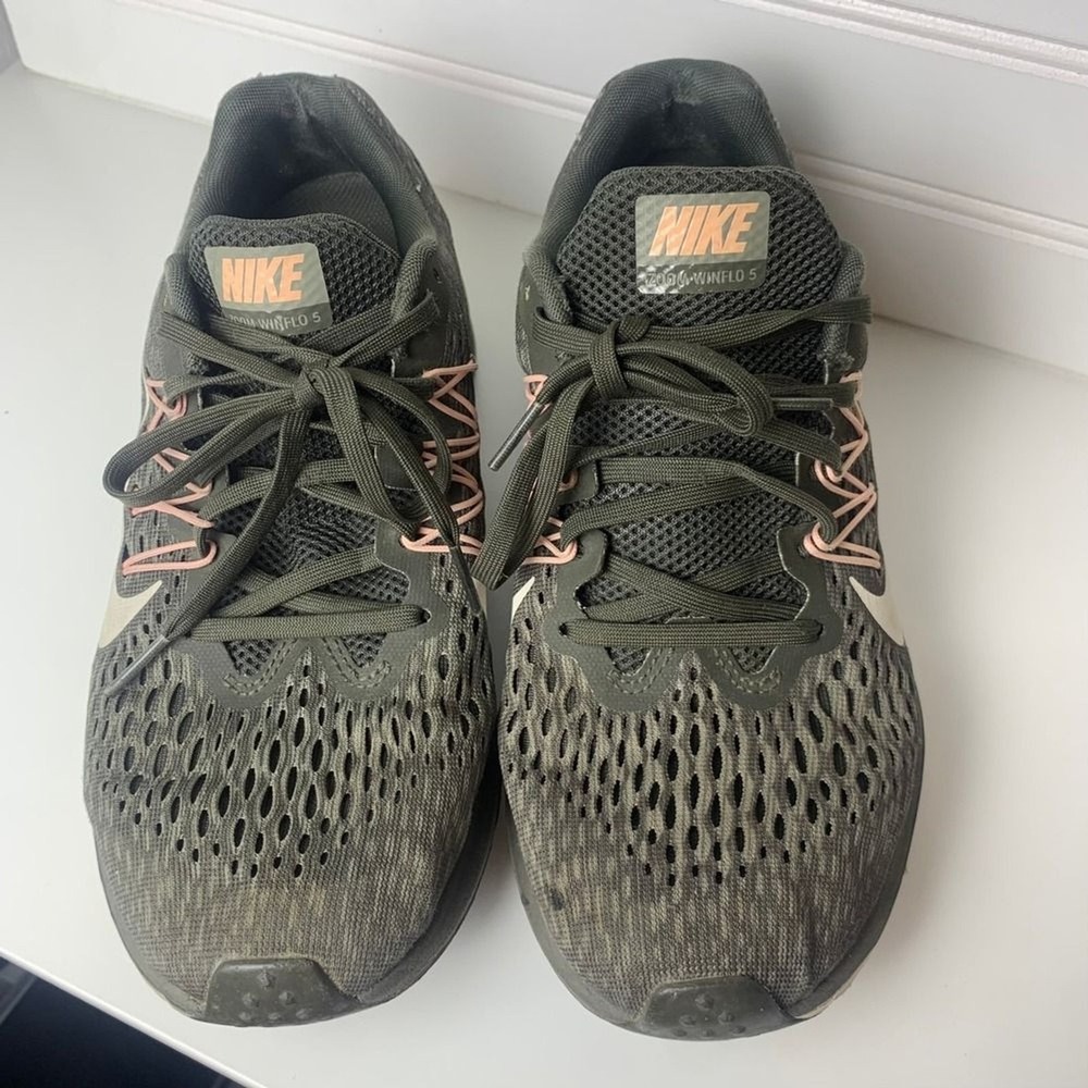 Nike Zoom Winflo 5 Olive Green Pink Athletic Running Shoes Women's US 7.5